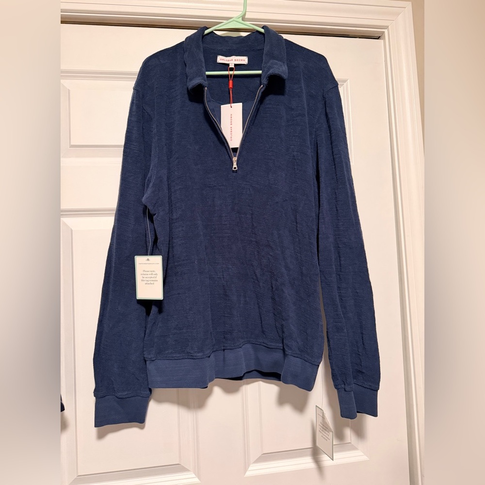 NWT Orlebar Brown Navy Quarter Zip-Up Terry Cloth Sweater